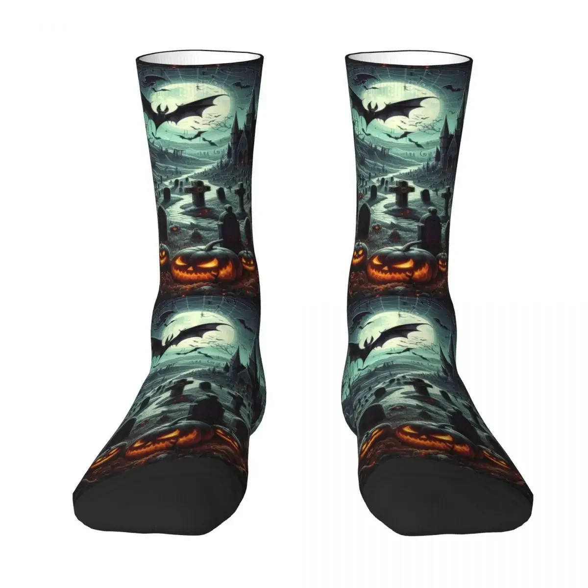 

Bats Over Cemeteries And Glowing Pumpkins Halloween Socks Harajuku Stockings All Season Long Socks for Unisex Christmas Gifts