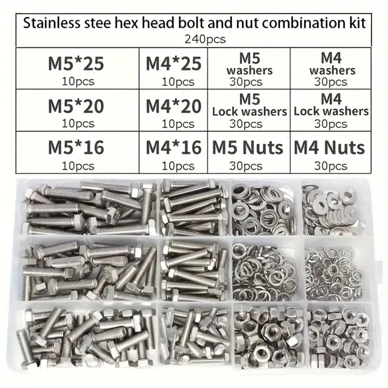 240Pcs Stainless Steel External Hex Screws with Nuts and Washers Assortment Kit