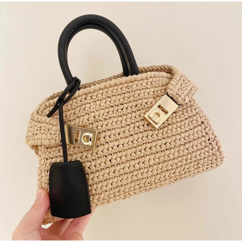 Fresh Blue Hand-woven Women\'s Bag 2024 New Casual Versatile Straw Bag Handbag Lock Buckle Seaside Holiday Style Bag