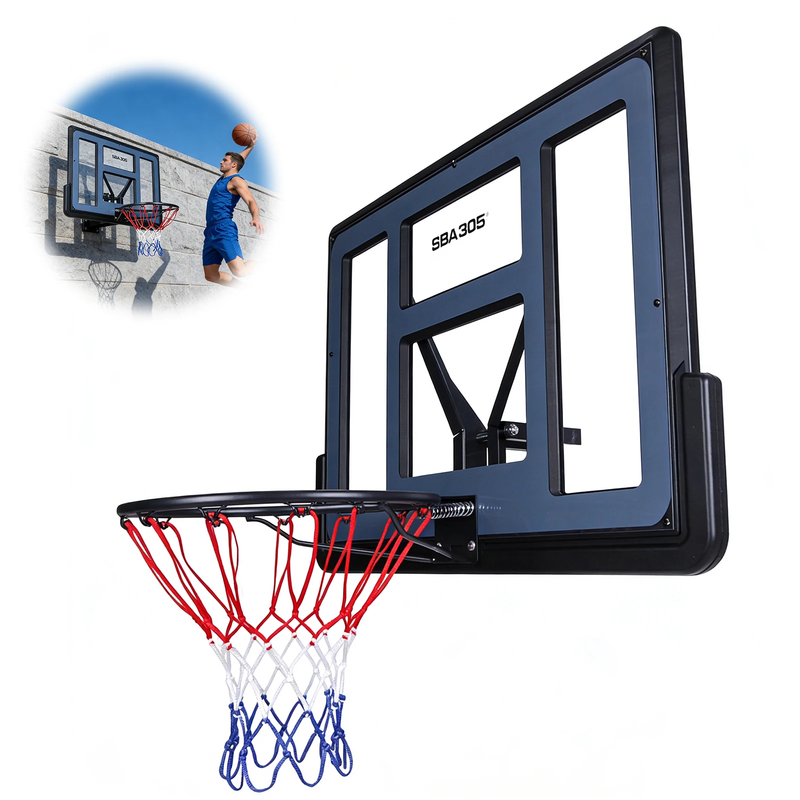 43.31x29.53in PET Backboard Basketball Goal Wall-Mount PET Board Rim Combo with All-Weather Net for Garage Indoor Outdoor Use