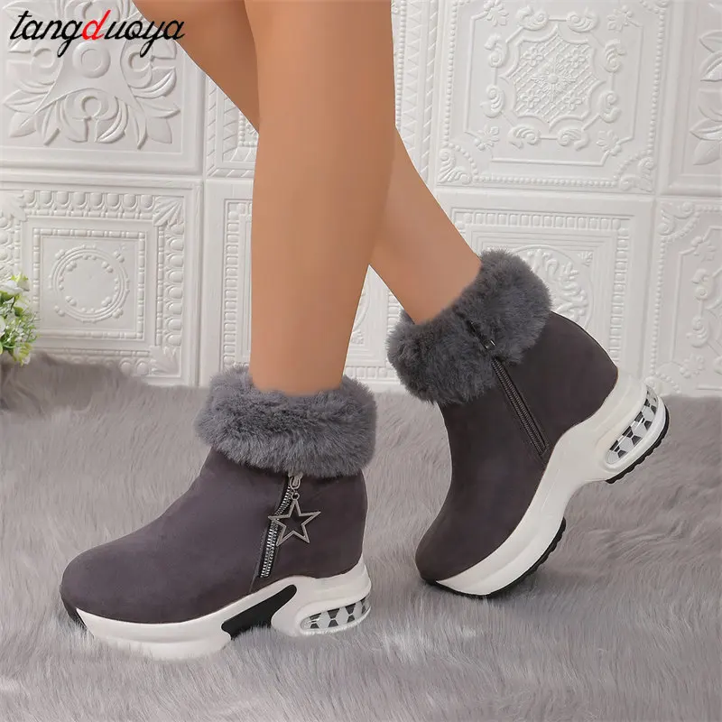 Women\'s Fur Snow Boots Winter Thick Bottom Short Boots wedge Heels Round Toe Warm Plush Platform sneakers Women\'s Ankle Boots