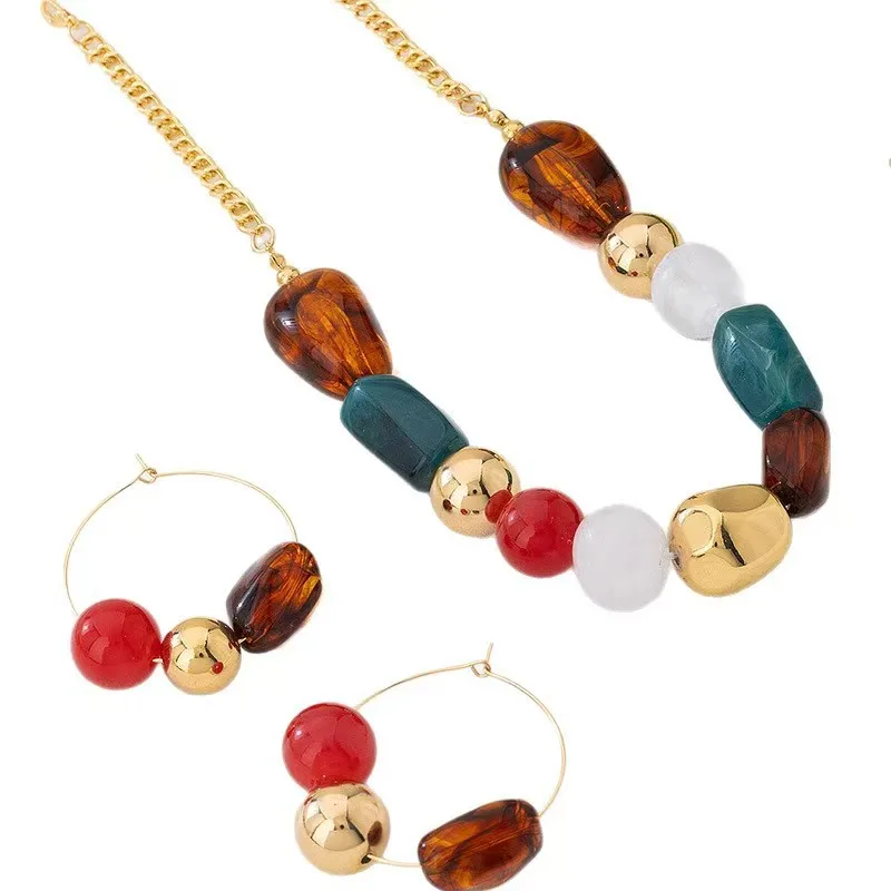 Women Retro Color Block Resin Bead Matching Set Gold Hoop Earrings Statement Choker Accessories
