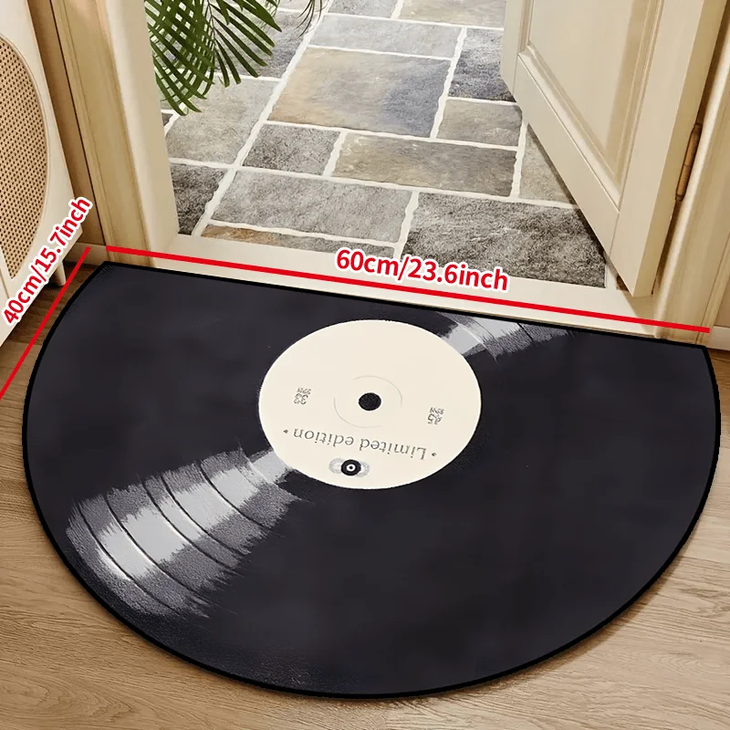 VIKAMA Semi-Circular Vinyl Record Doormat with Trendy Edgy Floor Art for Entryway and Bedroom Music Themed Decoration