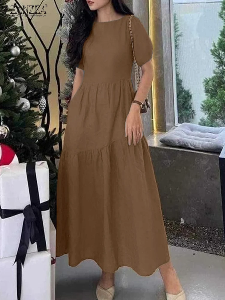 ZANZEA Short Puff Sleeve Tiered Midi Dresses Elegant Fashion O Neck Women A-line Vestidos Solid Holiday 2024 Summer Long Dress