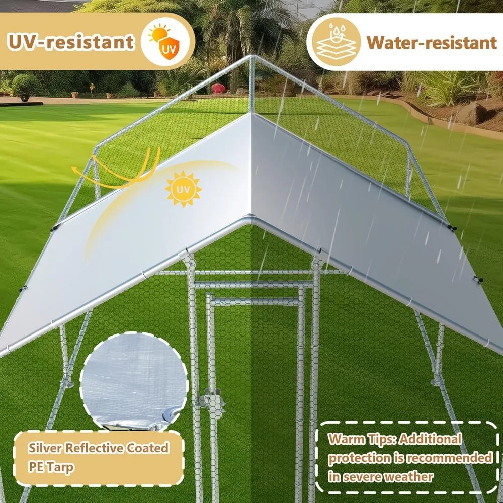Großer Hühnerstall aus Metall, 31,8 x 9,84 x 6,6 Fuß, Hühnerläufe für den Hof mit Deckel, begehbare Hühnerstall für 10 Hühner, strapazierfähiges Chi