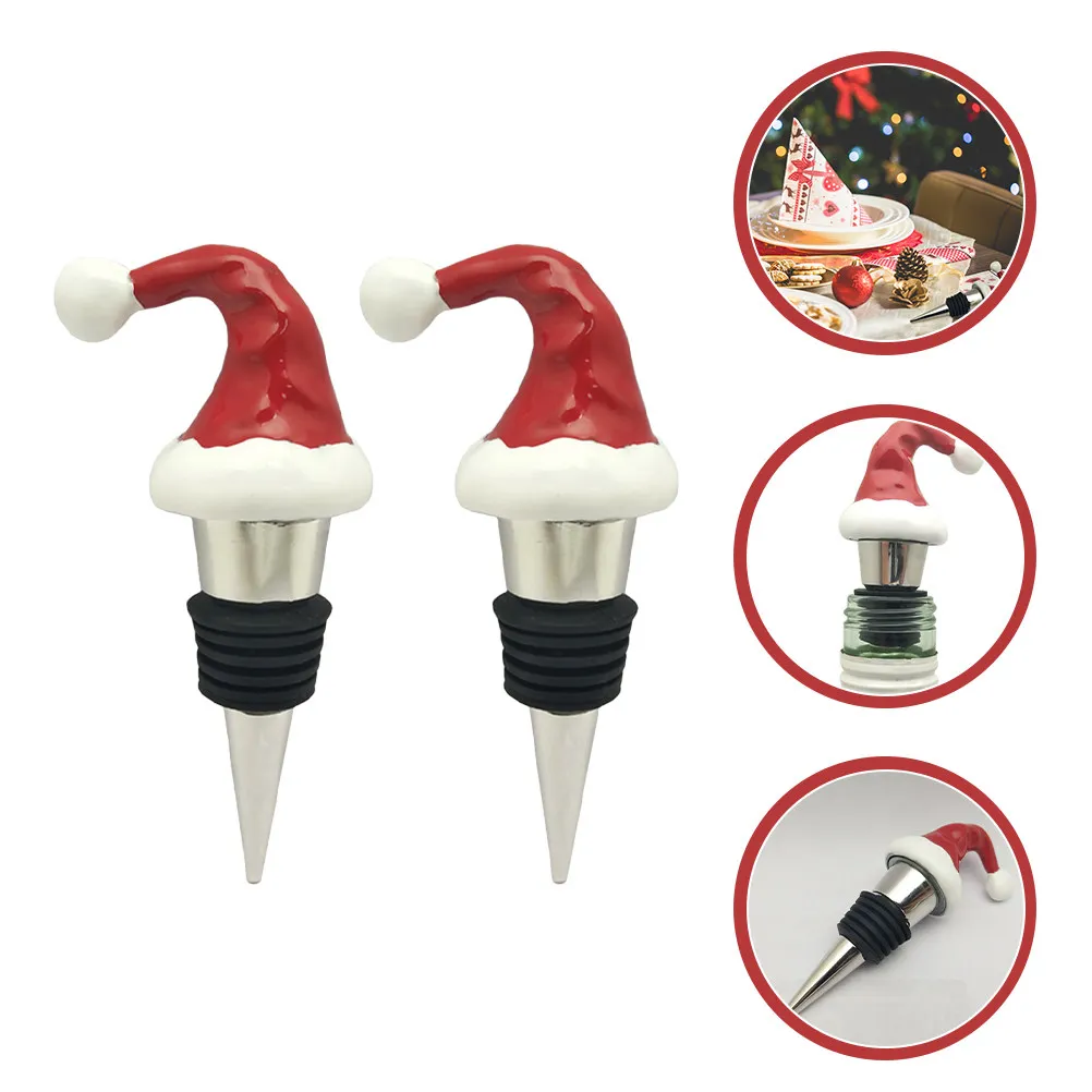 2Pcs Adorable Christmas Wine Stoppers Exquisite Metal Resin Silicone Stopper for Red Wine Cocktail Airtight Reusable