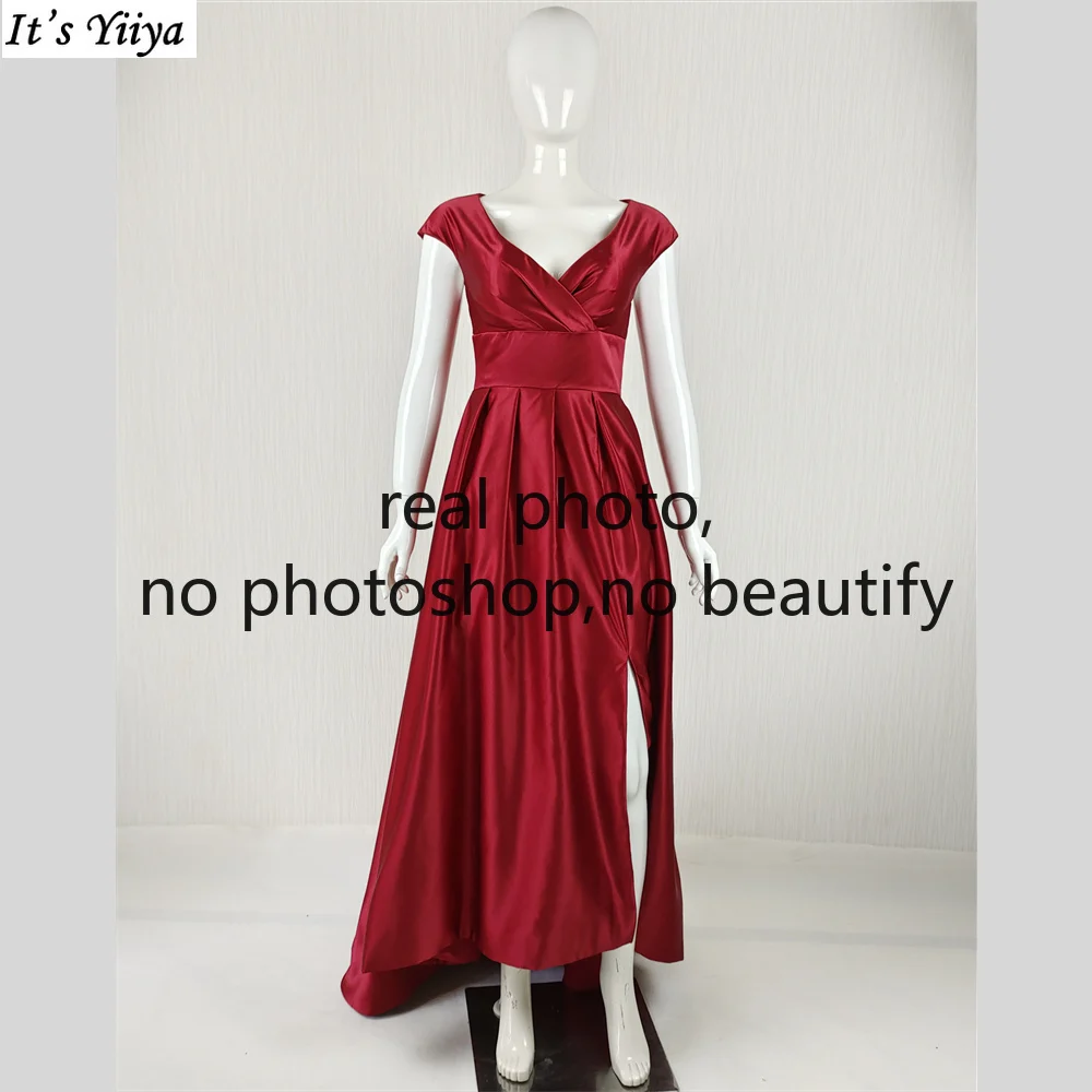 

It's Yiiya Real Photo Evening Dress Burgundy Satin V-neck Sleeveless A-line Floor Length Slit Plus size Women Party Formal Gown