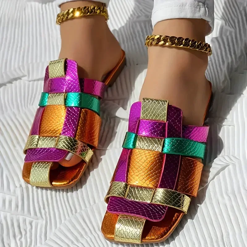 

*Model Vacation Comfortable Slippers Summer Colorful Fashionable Sexy Casual Soft Luxurious Square Toe Hollow Roman Flat Shoes