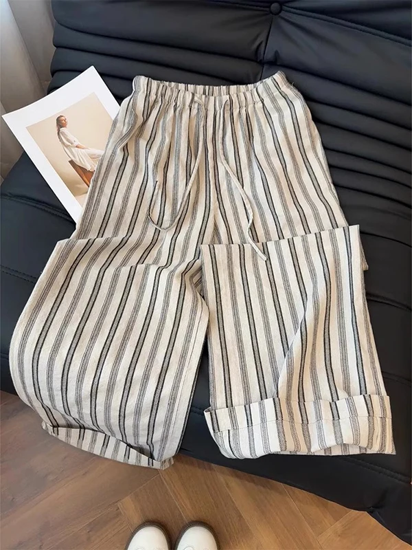 Spodnie damskie z wysokim stanem i szerokimi nogawkami, letnie, nowe, cienkie, luźne, wyszczuplające, codzienne spodnie, bawełniano-lniane, w paski, o prostym kroju, lato 2025.