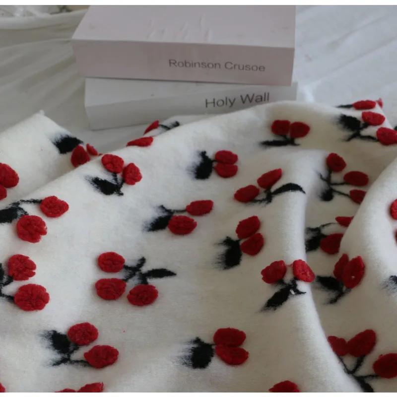 Korean Style Winter White Fluffy Wool Red Jacquard Clothing Fabrics Cloth Diy