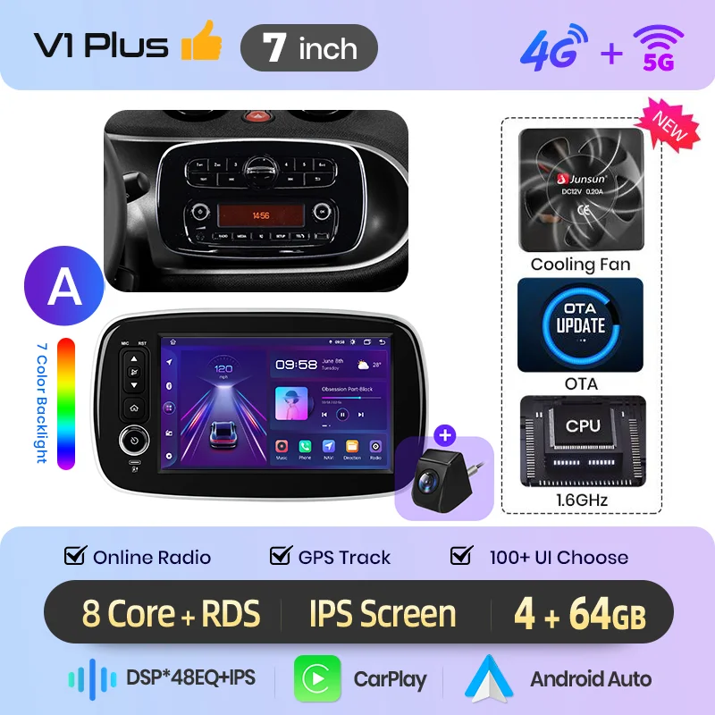 Junsun 8-Zoll Kabelloses CarPlay Android Auto Autoradio für Mercedes Benz Smart Fortwo 453 2014-2020 Multimedia Kabelloses Apple CarPlay Intelligente Systeme IPS Touchscreen Stereo-Videoplayer 2 Din