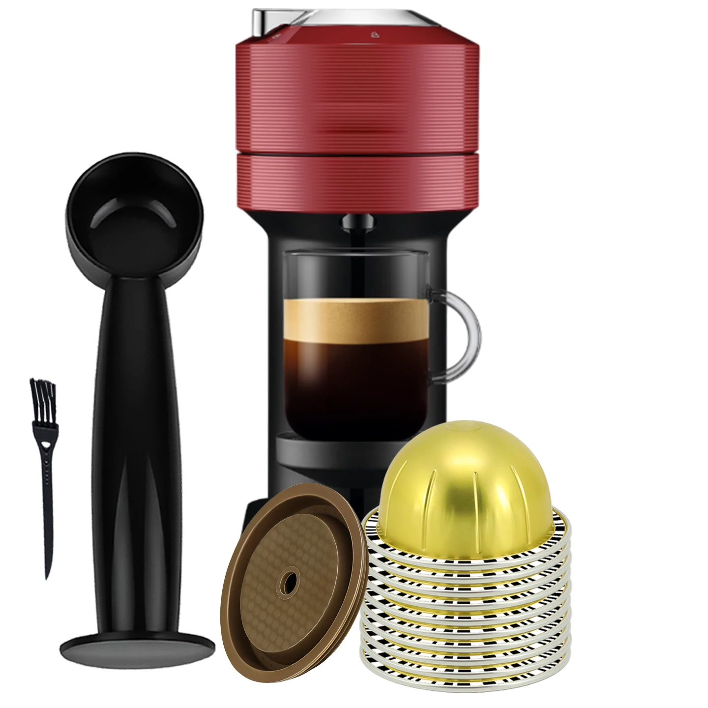 Gold Reusable Coffee Capsule Filter Shell, Refillable Coffee Pod with Complete Tamper Tools, Easy to Fill and Operate.