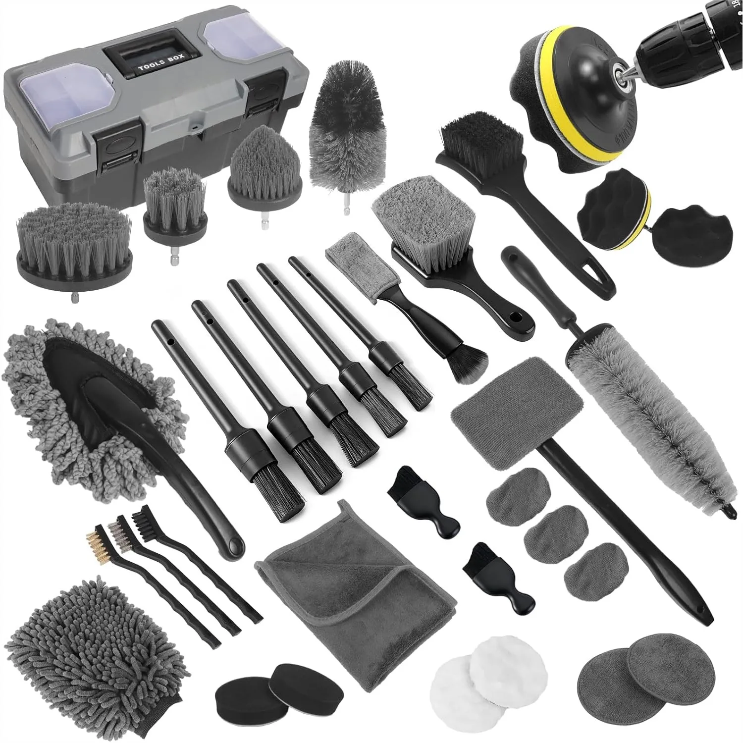 Kit de detalhamento de carro, kit de limpeza de carro 36 unidades para rodas externas internas com ferramenta de para-brisa e caixa de armazenamento