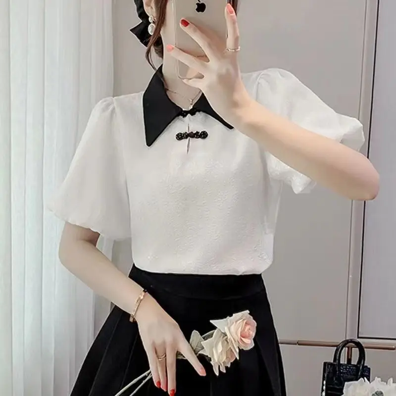 Women Summer Chinese Style Slim Embroidered Flares Chiffon Peter Pan Collar Short Sleeve Shirts Ladies Casual All-match Top Tee