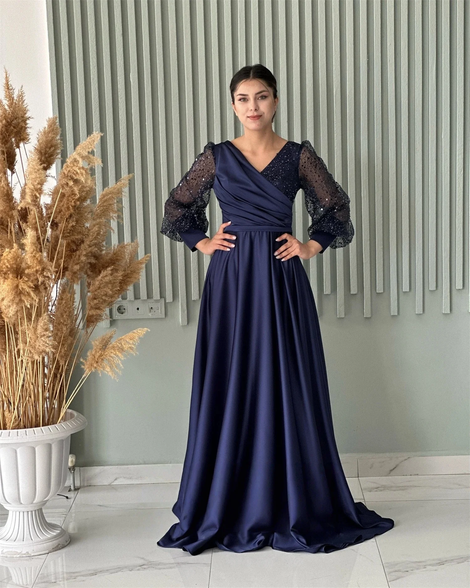 

Blue Long Sleeves Bespoke Occasion Gown Evening Dresses Pastrol Unisex Jersey Retro Dubai Saudi Arabic Israel Prom Customized