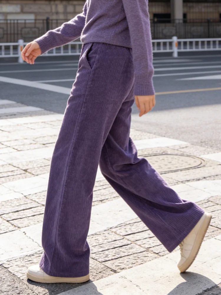 PBAP Warm Winter Women Fleece Lined Corduroy Trousers Striped Wide Leg High Waist Plain Thermal Pants Casual Vintage Clothes