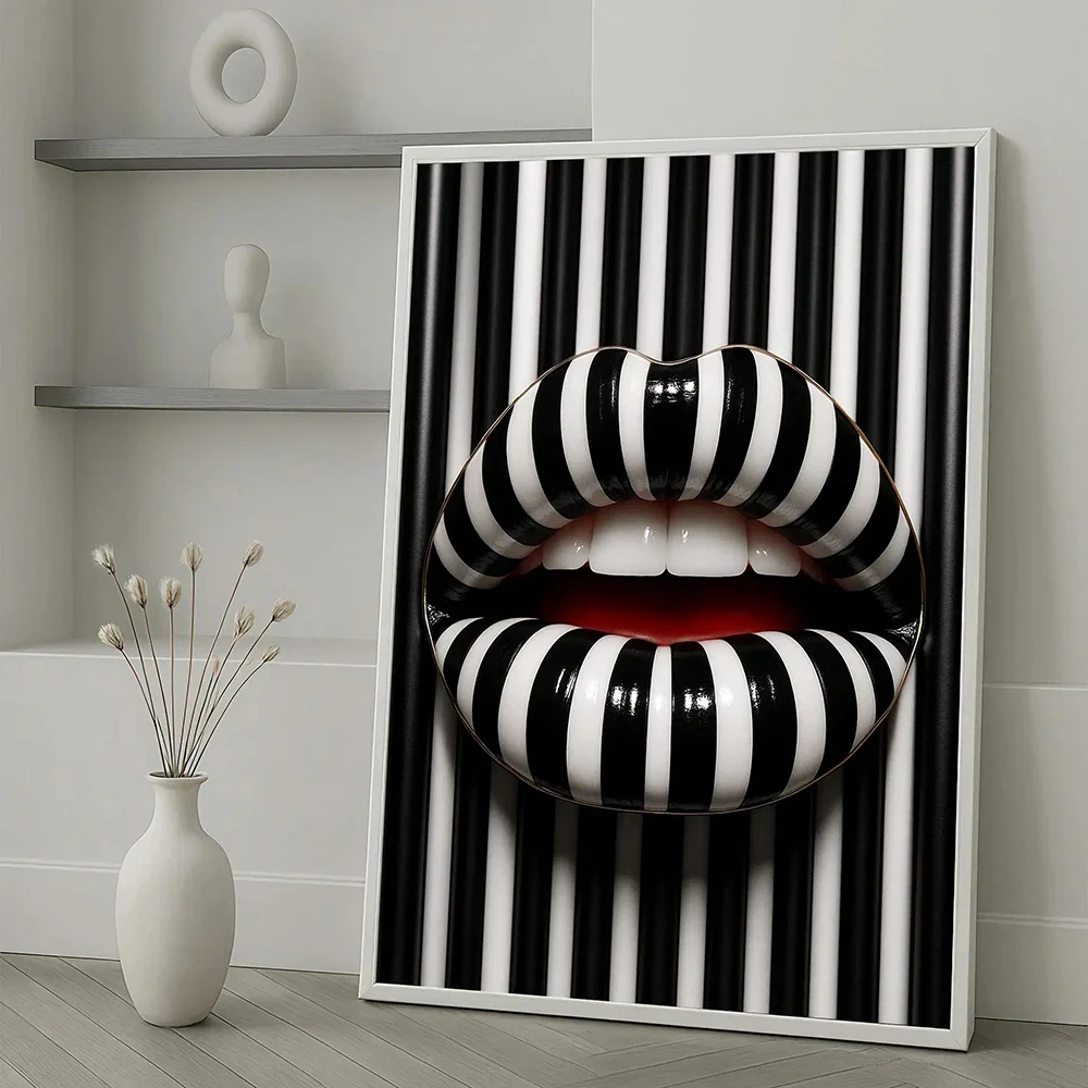 Striped Black White Lips Canvas Painting  Bold Abstract Lip Art Modern Pop Wall Decor Fashion Home Poster Print