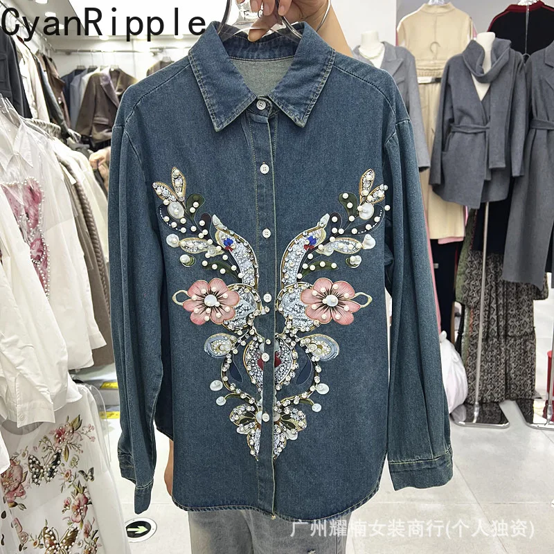 2026 New Spring Autumn Loose Women Shirts Diamonds Beads Turn-down Collar Single-breasted Long Sleeve Casual Denim Cardigans Top