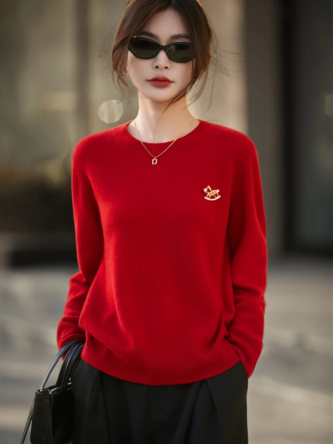 

Красный шерстяной вязаный свитер с вышивкой для женщин, новинка к Новому году, свободный крой, универсальный базовый слой