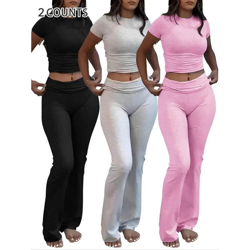 Women's Solid Round Ne Tee & Flare Leg Pants Loungewear Two-piece Set, Casual Comfy Short Sleeve T-shirt & Bell Bottom Trousers