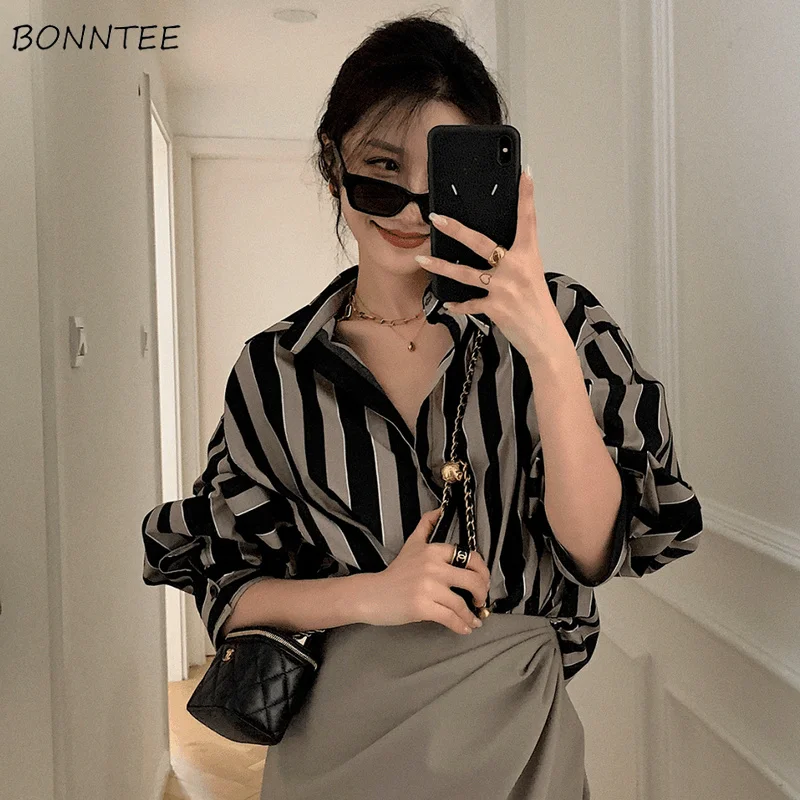 

Striped Shirts Women Loose Straight Cozy All-match Long Sleeve New Simple Daily Students Spring Ulzzang Autumn Feminine Clothing