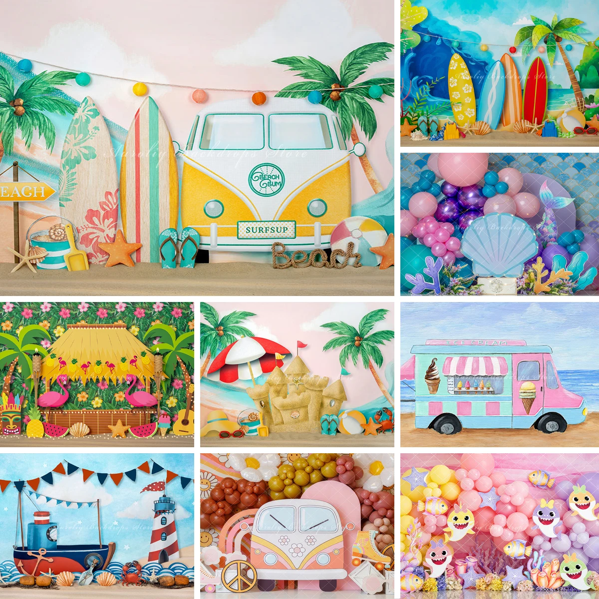 

Summer Beach Backgrounds Cake Smash Kids Adult Photography Props Child Baby Decors Surfing Coconut Trees Photo Backdrops