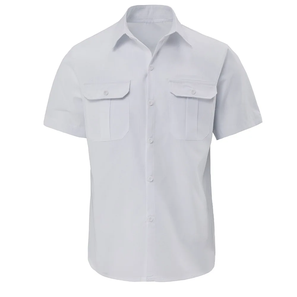 2026 New Summer Men's Casual Short Sleeve Shirt Solid Color Breathable Double Pocket American Style Open Front Shirt