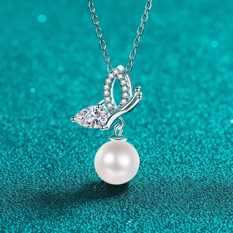 

18K goldS moissanite pearl necklace for women butterfly wings plated PT950 platinum pendant fresh and sweet clavicle chain