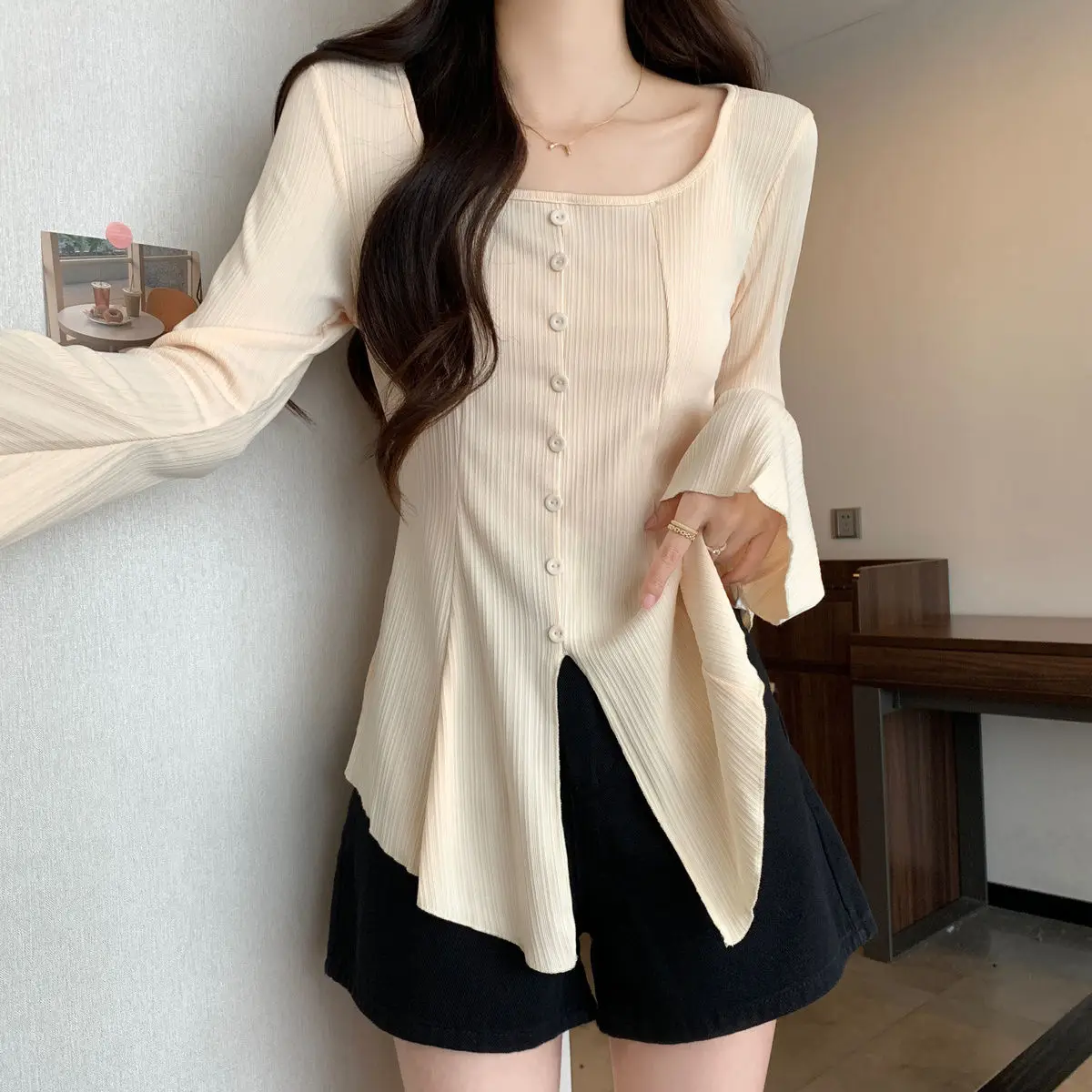 2025 início do outono tamanho grande em torno do pescoço irregular fenda magro topo manga alargada