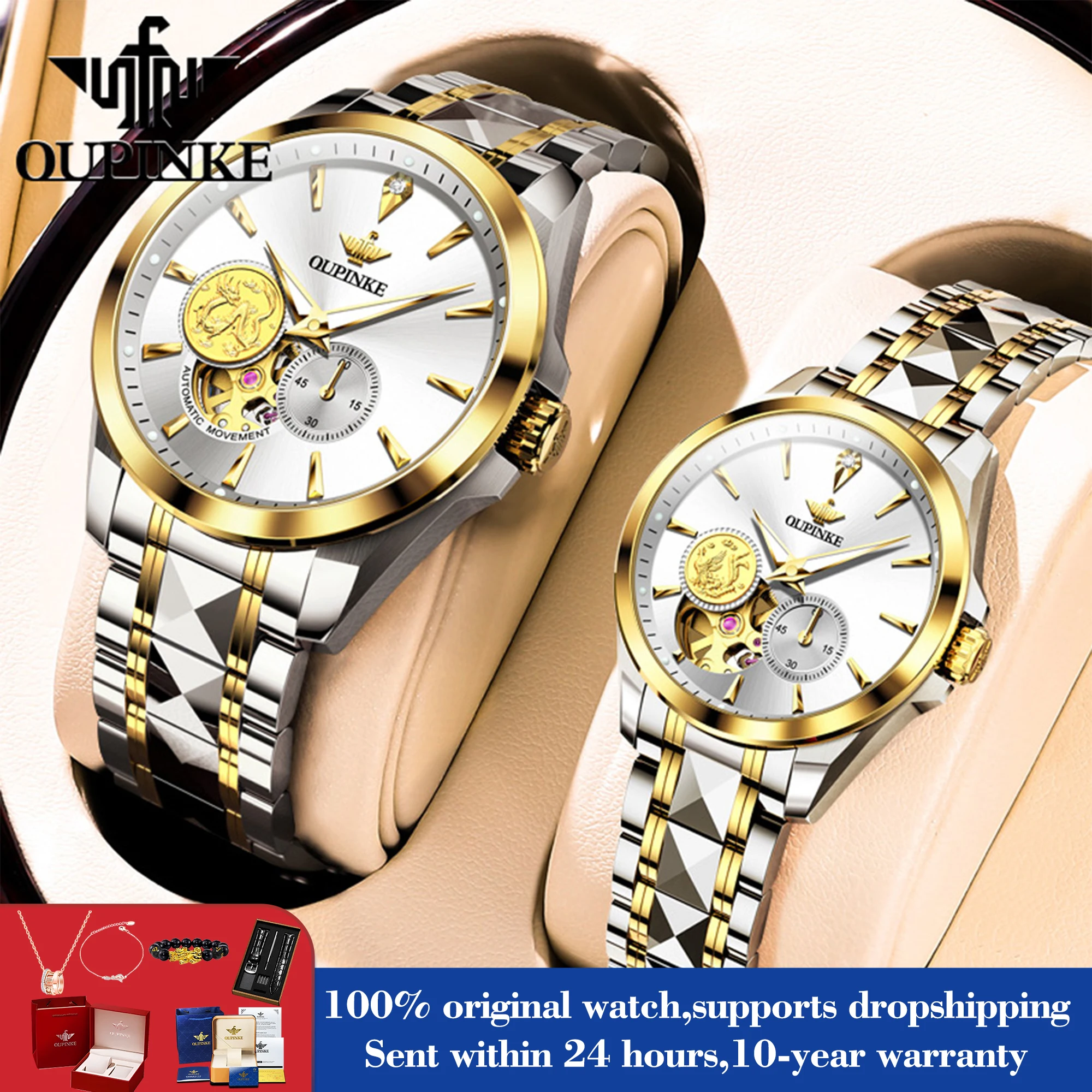 OUPINKE 3260 Real Diamond Mechanical Couple Watch For Men Women Luxury Original Dress Hand Clock Hollow Deep Waterproof Watches