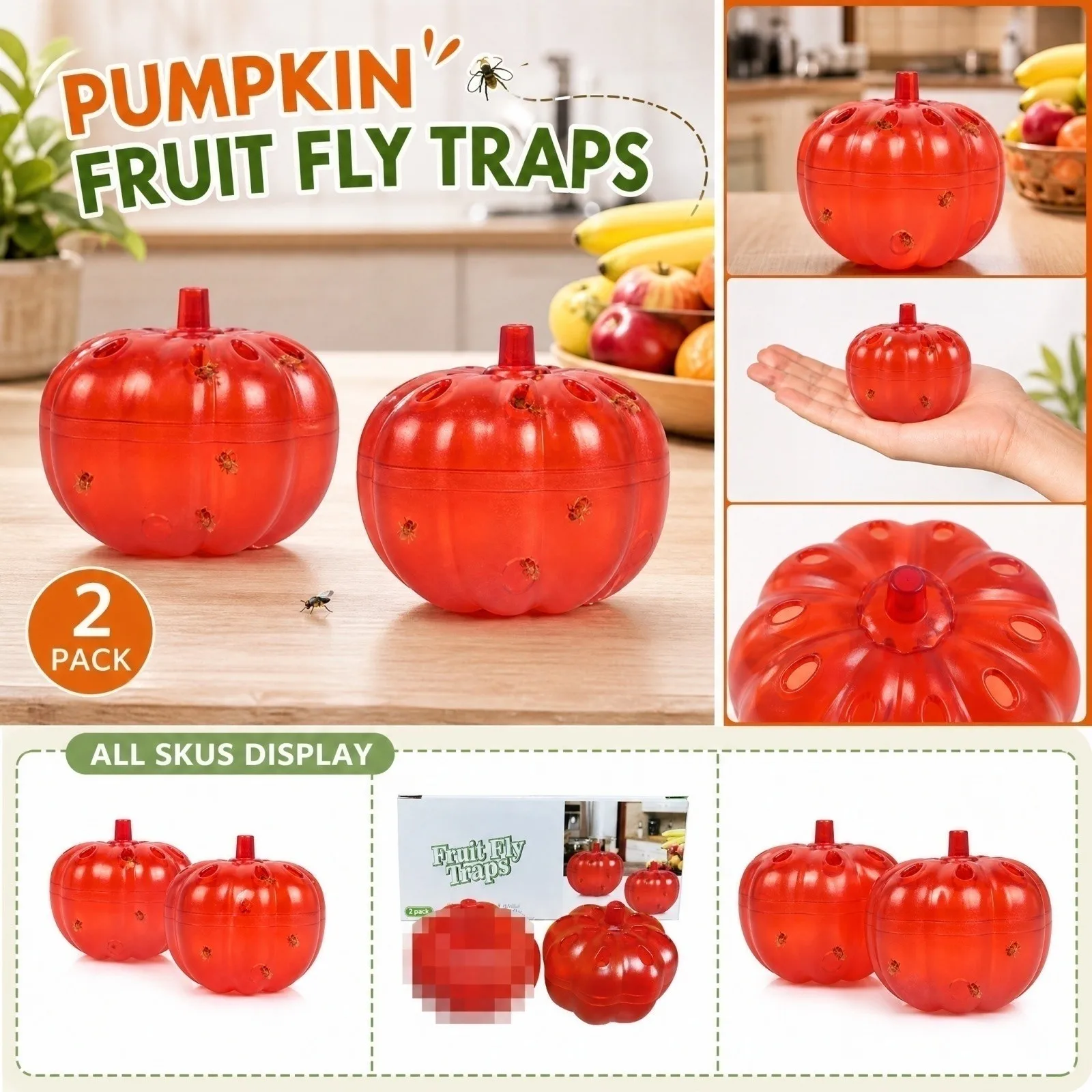 2PCS Pumpkin Shaped Effective Fly Trap Pest Insect Catcher Boxes Kitchen Reusable Multifunction Mosquitoes Pest Control Tools