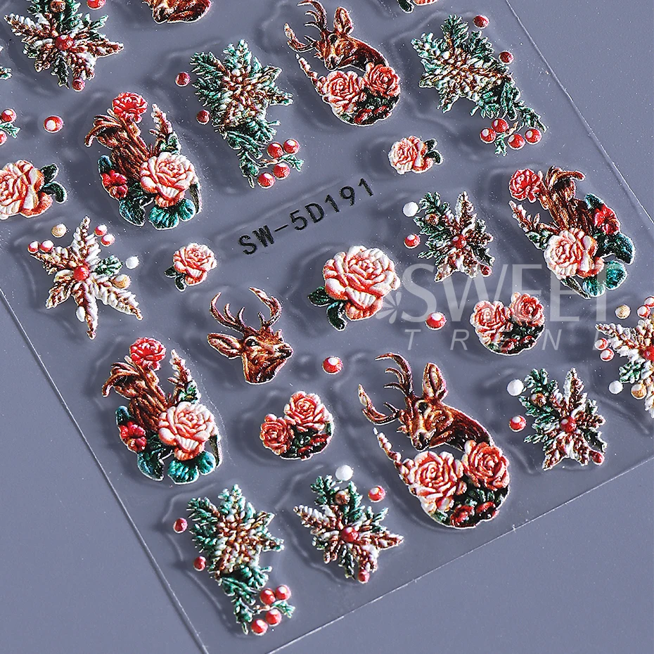 2 Stuks Reliëf Kerst Nail Art Stickers 5D Rose Rendier Holly Kerstboom Nail Decals Zelfklevende Sliders manicure Decoratie