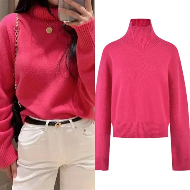 

High-End Version Parisian Pink Knitted Sweater Faionable High Collar oulder-Draped Top for Women Spring 2023 Long Sve