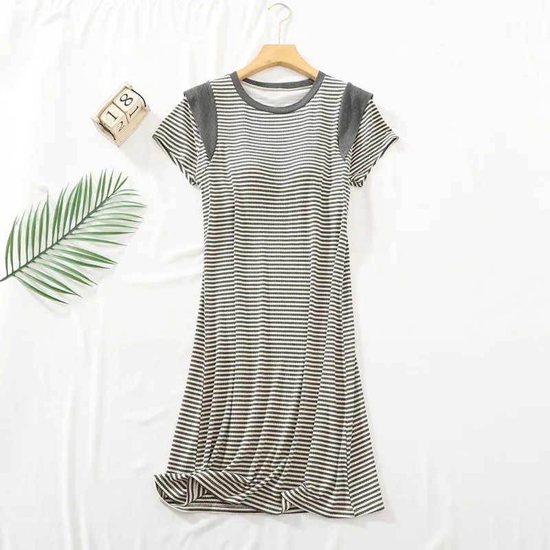 Womens Dresses Sleepwear For Sleeping Nightdress Short Sleeve Modal Striped Nightgowns Chest Pad Slim Ladies Nightshirt