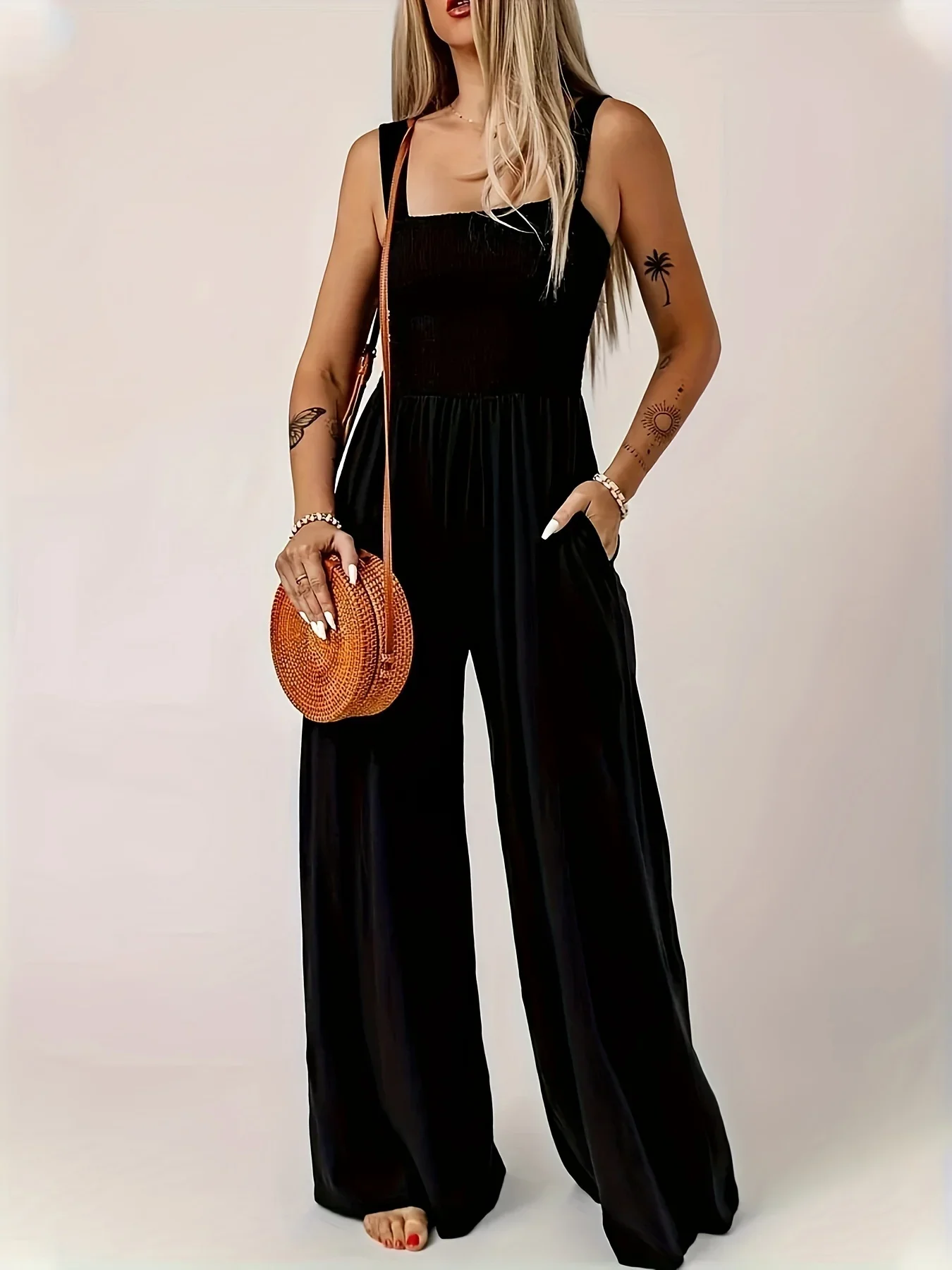 

Solid color wide leg pants with minimalist commuting style, high waisted suspender jumpsuit for women