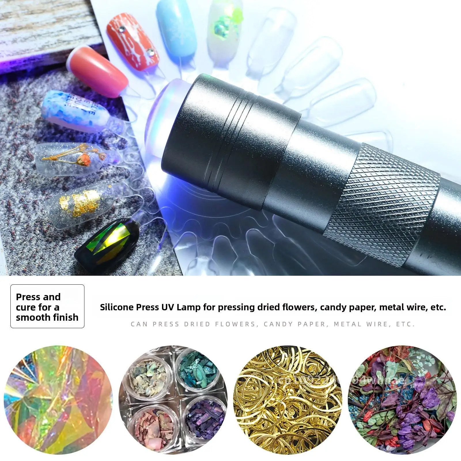 シリコンハンドヘルドランプ エンボススパンコールステッカー付き ポータブル ミニ 片手光線療法 ネイルアート ライトシルバー 電池式