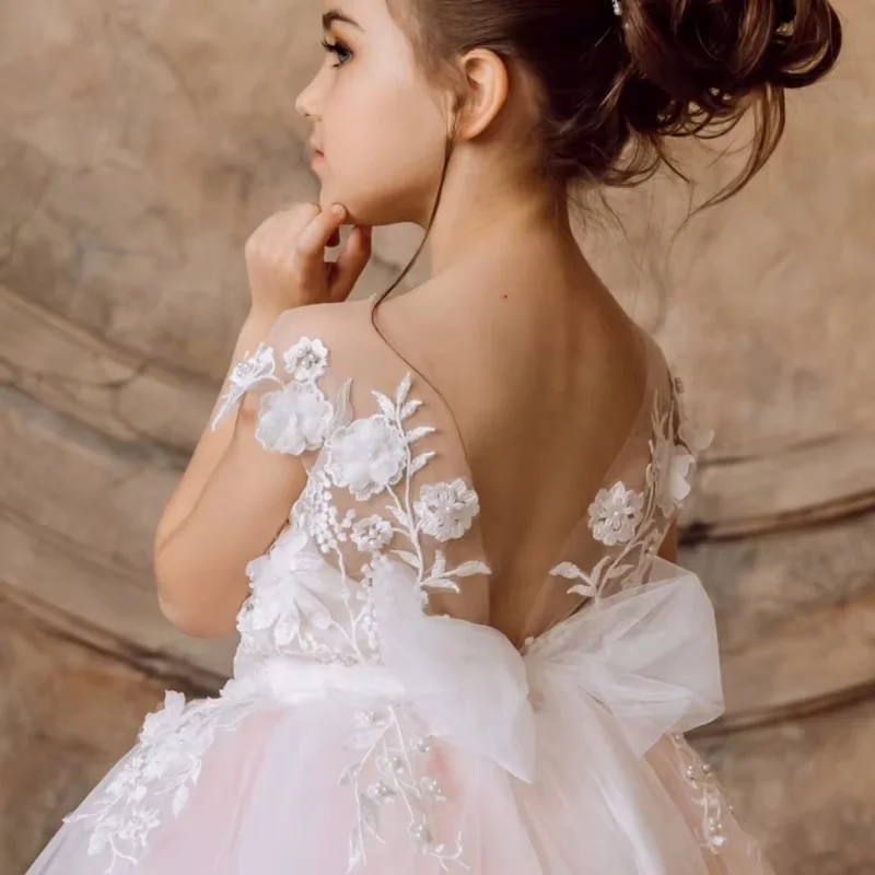 

Customized Flower Girl Dresses Pink White Flowers Appliques With Bow Sleeveless For Wedding Birthday Party Holy Communion Gowns