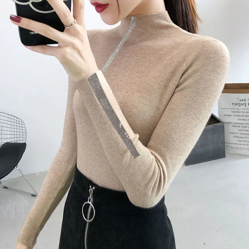 Women Clothing Fashion Elegant Half Turtleneck Pullover Autumn Winter Solid Slim Long Sleeve Sweater Lady Casual Dignified Top