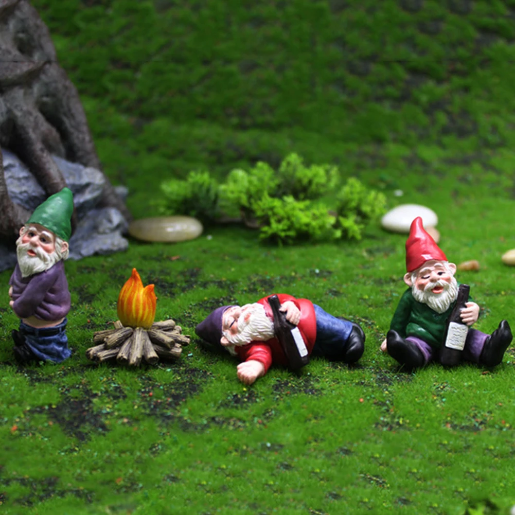 4 Pcs Fairy Garden Drunk Gnomes Miniature Ornaments Set Mini Dwarf Bonfire Statues for Planter Flowerpot Decor Accessories