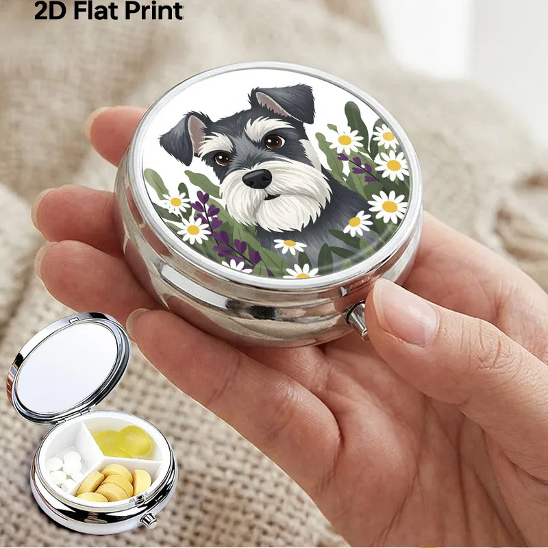 Portable Metal Pill Organizer 3 Compartments Cute Miniature Schnauzer Daisy Floral Pattern Travel Pill Case Small Medicine Box Pocket Vitamin Holder Durable Mini Pillbox Creative Gift for Dog Lovers Women Girls Daily Supplement Container