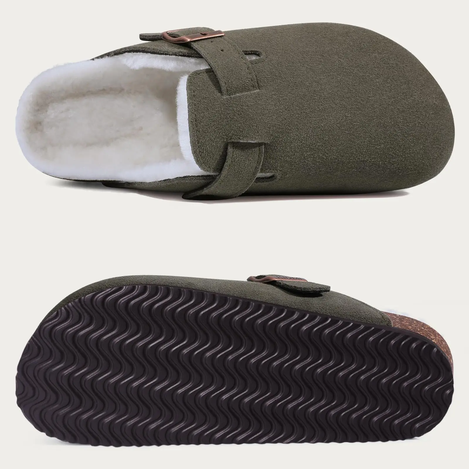 Litfun-zuecos de piel clásicos para mujer, zapatillas de felpa corta, cálidas y acogedoras para el hogar, corcho de gamuza con soporte para el arco,