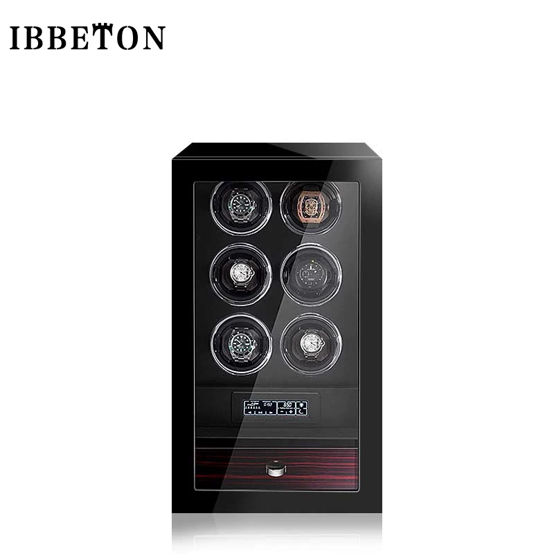 IBBETON الفاخرة ملفاف ساعة ساعات أوتوماتيكية صندوق الأمان مع محرك Mabuchi LCD شاشة تعمل باللمس ساعة خشبية اكسسوارات صندوق عن بعد C