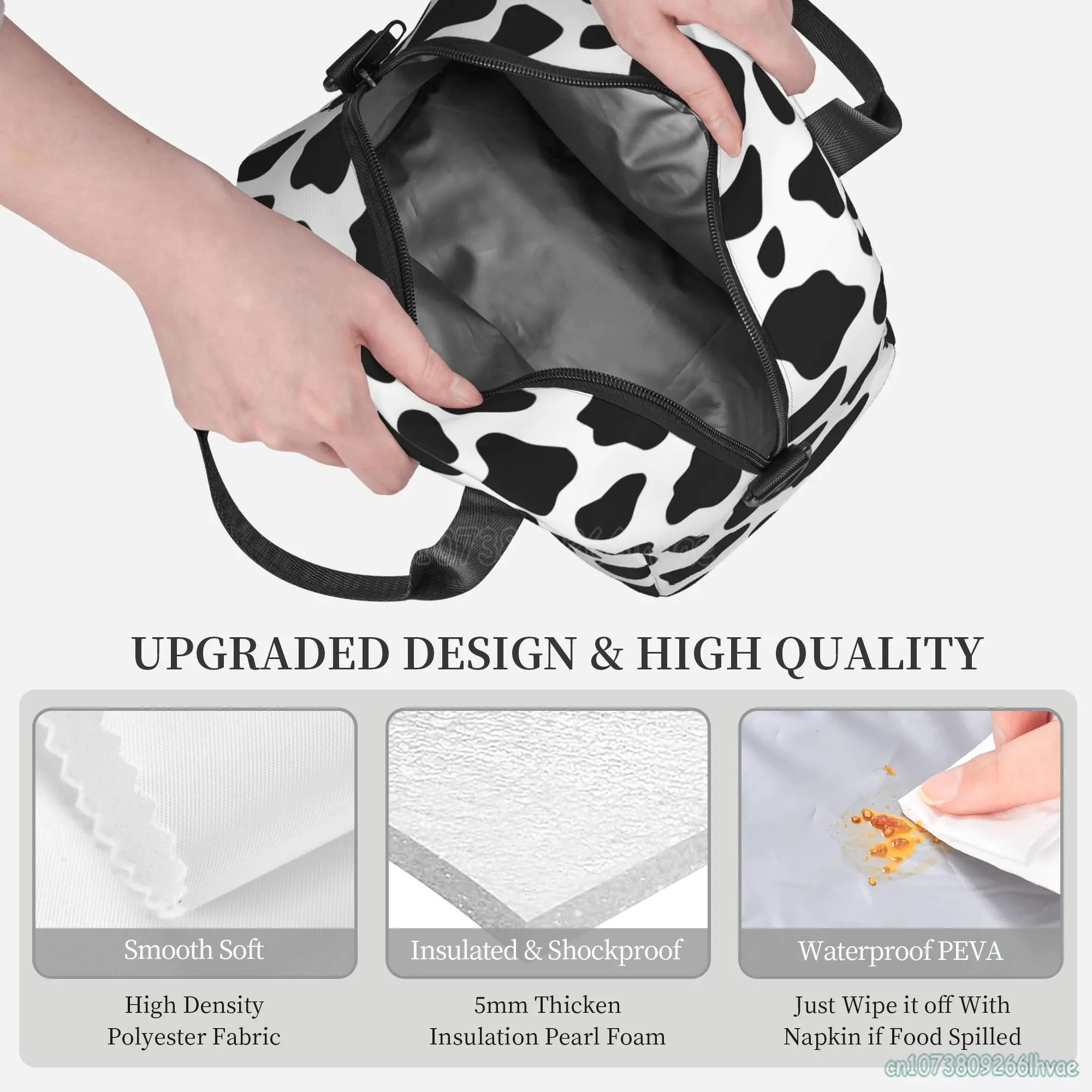 Cow Pattern Insulated Lunch Bag Thermal Lunch Box Waterproof Bento Bags Single Shoulder Portable Tote Bag for Work School Picnic