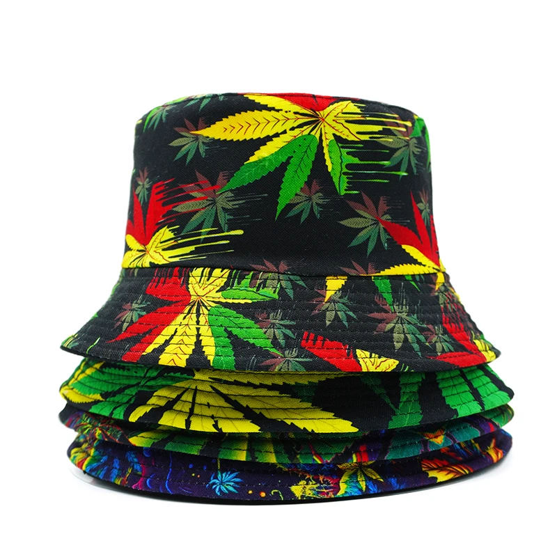 Bocca Leaf Printing Bucket Hat Colorful Pattern Fisherman Hats Double Sides Panama Cap For Men Women Outdoor Sun High Quality