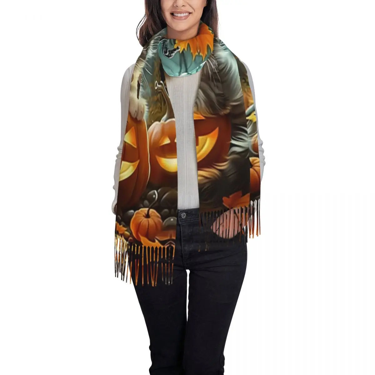 Custom Female Large Smiling Pumpkins Cat Scarves Women Winter Soft Warm Tassel Shawl Wraps Scarf