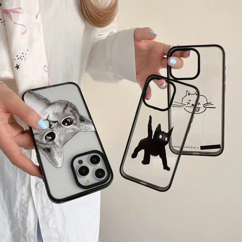 Cute Cat 2.0 Acrylic Black Border Phone Case Cover for iPhone 11 12 13 14 15 16 Pro Max Case