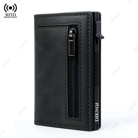 도난 방지 신용 카드 소지자 남성용 지갑 Rfid 차단 알루미늄 가죽 팝업 미니멀리스트 지갑 남성용 카드 소지자 지갑