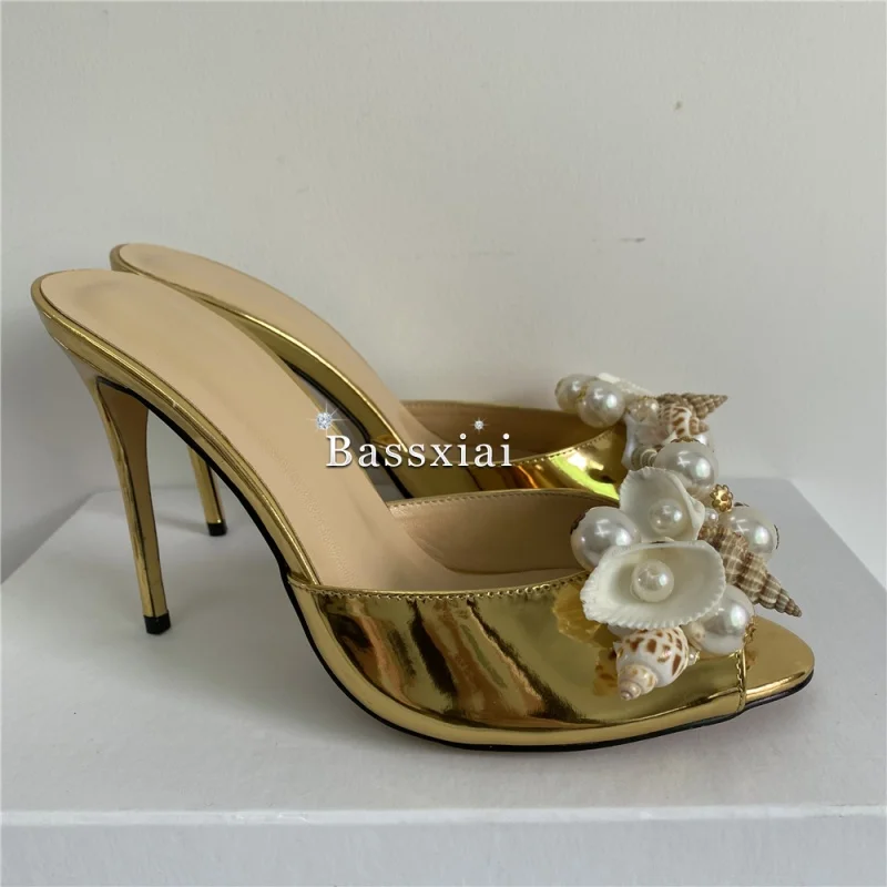 كريستال سلسلة الخرز زهرة الصنادل النساء 10 سنتيمتر خنجر كعب فاخر براءات الاختراع والجلود أحذية خفيفة البغال الصيف #5