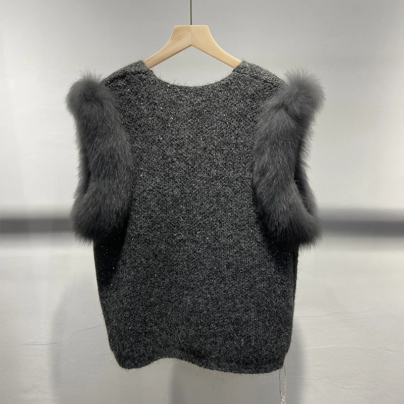 Gilet sans manches en tricot pour fille, style coréen, gris foncé, avec décoration en fourrure de renard naturelle, pour l'automne et le printemps