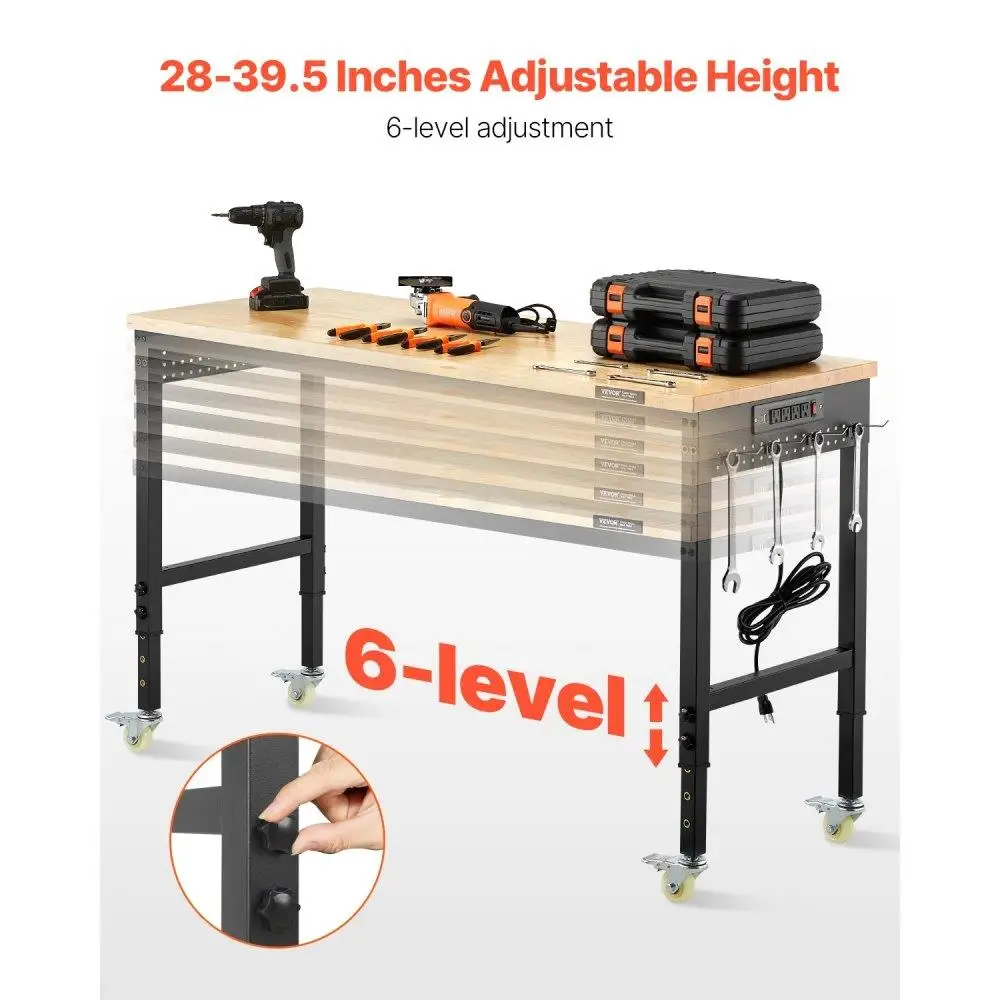 Adjustable Height Rolling Workbench with Power Outlet and Pegboard Storage 60 Inch Portable Workshop Table